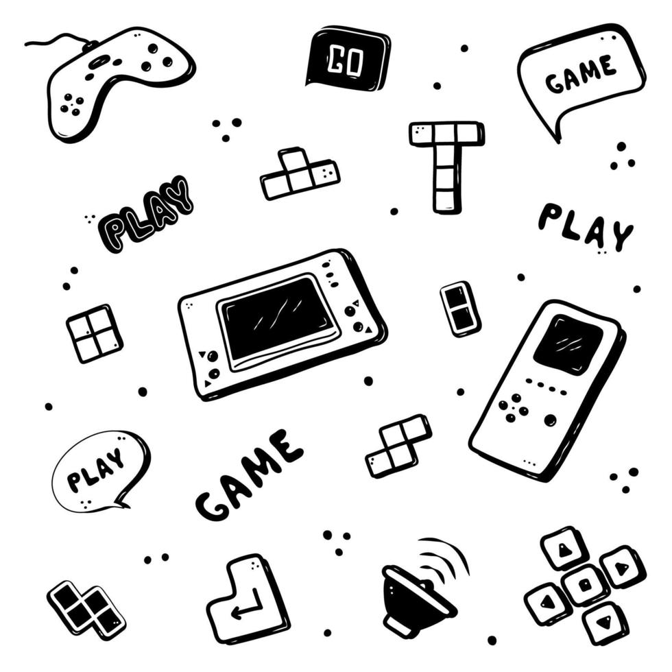 video gioco mano disegnato scarabocchio impostare. retrò vibrazione. video gamer console, tetris, telecomando da gioco, controllore elemento. computer retrò, portico giocare sfondo. vettore illustrazione.