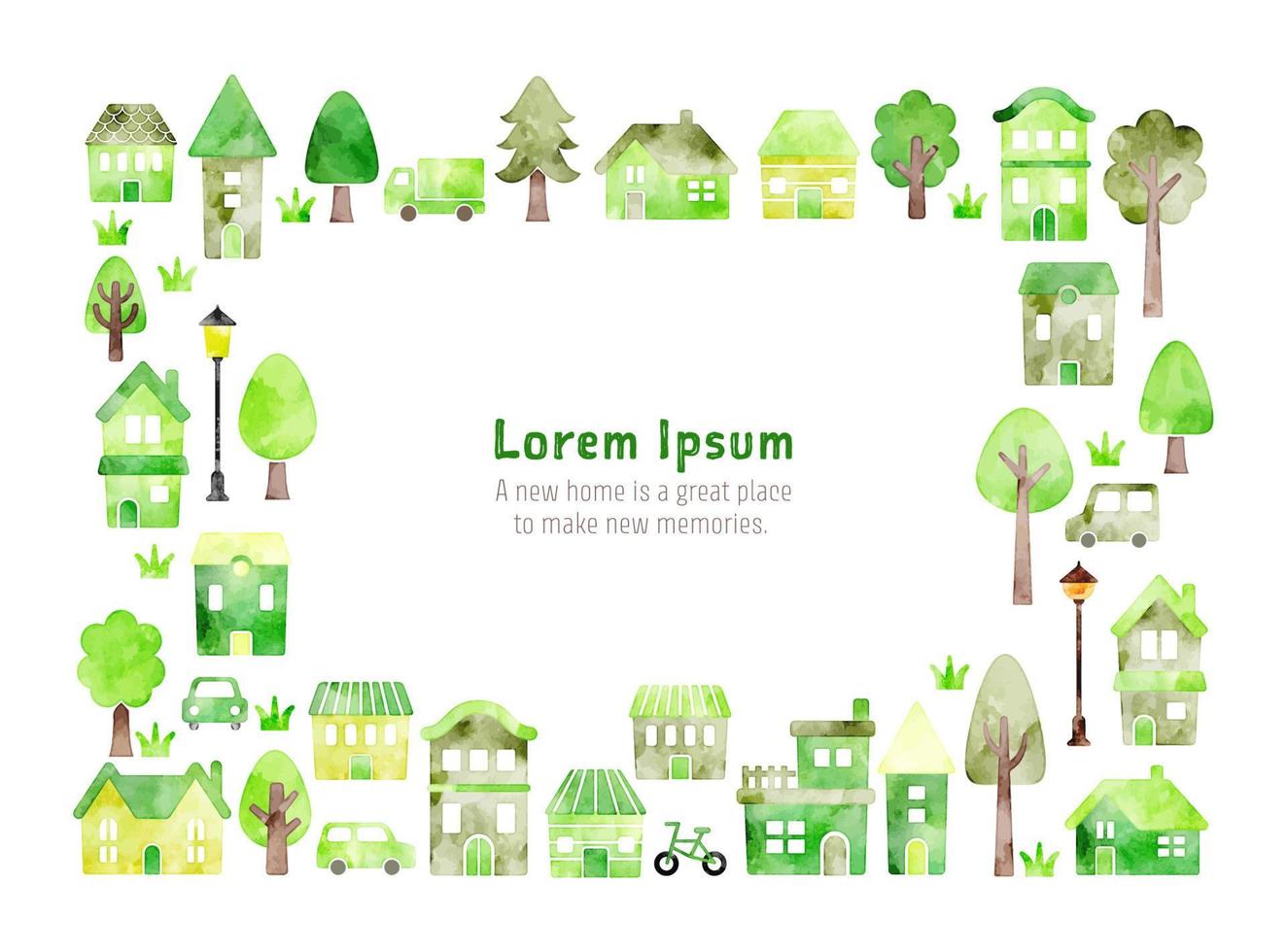 acquerello vettore mano disegnato case illustrazione. decorazione telaio per carta, verde