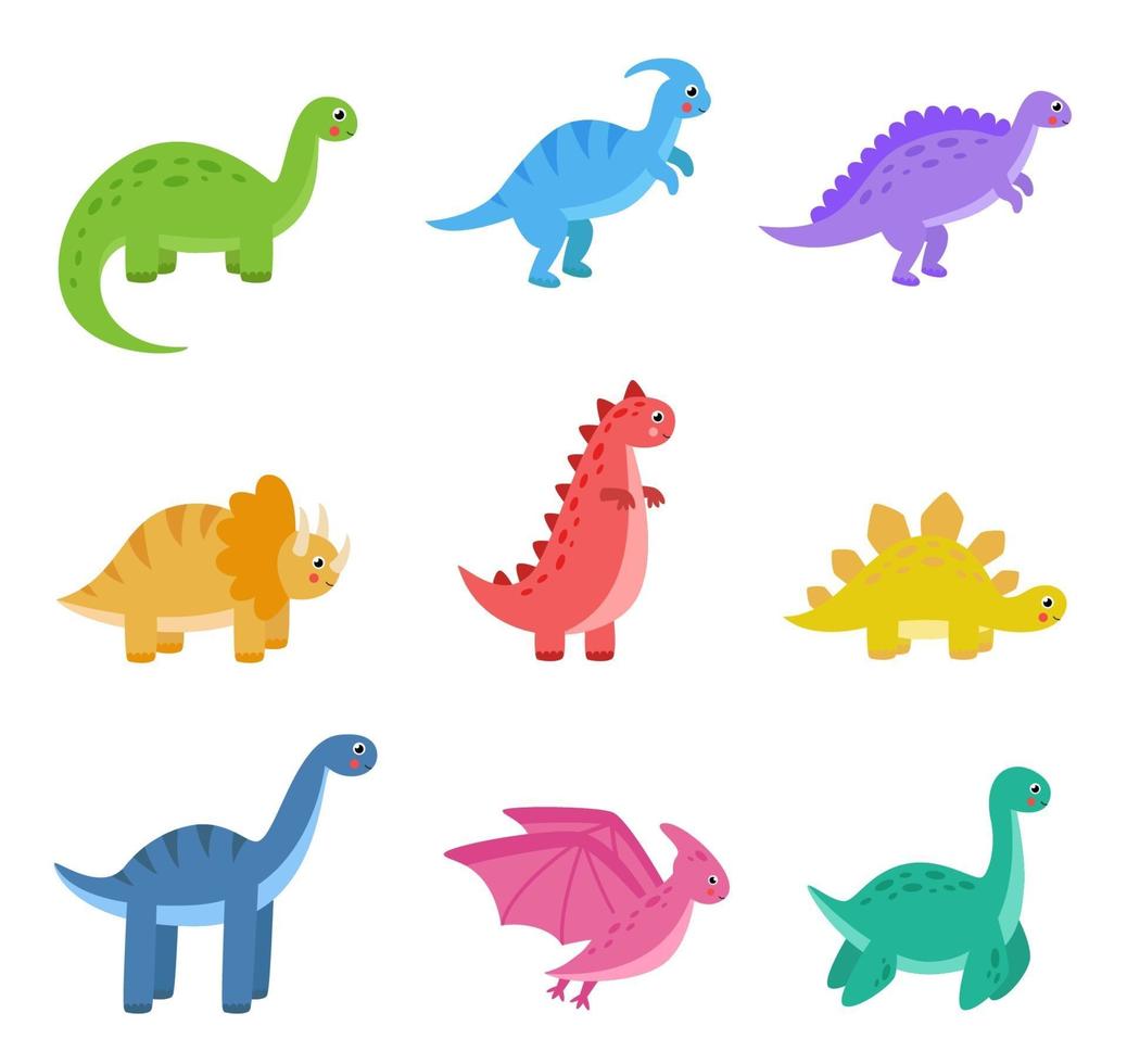 collezione di cartoni animati dinosauri colorati su sfondo bianco. vettore