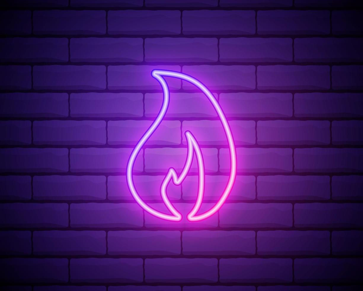 semplice icona di fiamma di fuoco. stile neon rosa sullo sfondo del muro di mattoni. icona della luce vettore