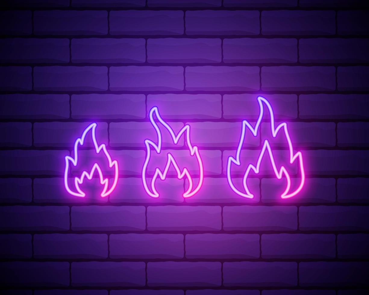 semplice icona di fiamma di fuoco. stile neon rosa sullo sfondo del muro di mattoni. icona della luce vettore