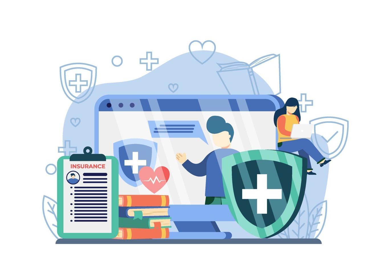 webinar online sull'assistenza sanitaria. donna seduta su scudo medico guarda webinar online. webinar online, corsi online, formazione, assicurazioni. può essere utilizzato per landing page, web, banner, modelli. vettore