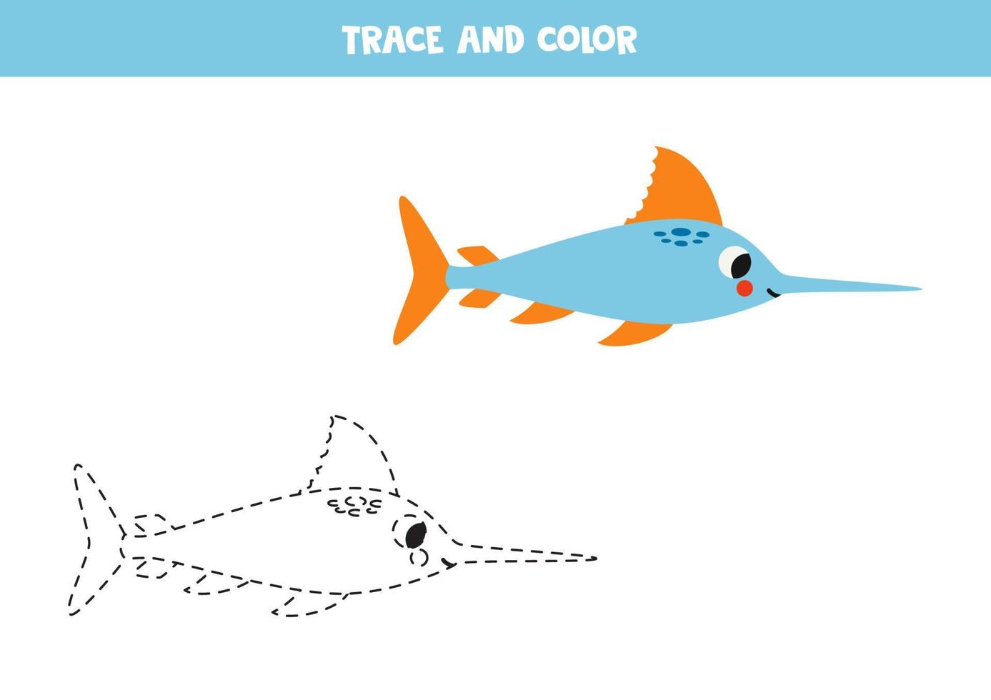 tracciare e colore cartone animato carino pesce spada. foglio di lavoro per bambini. vettore