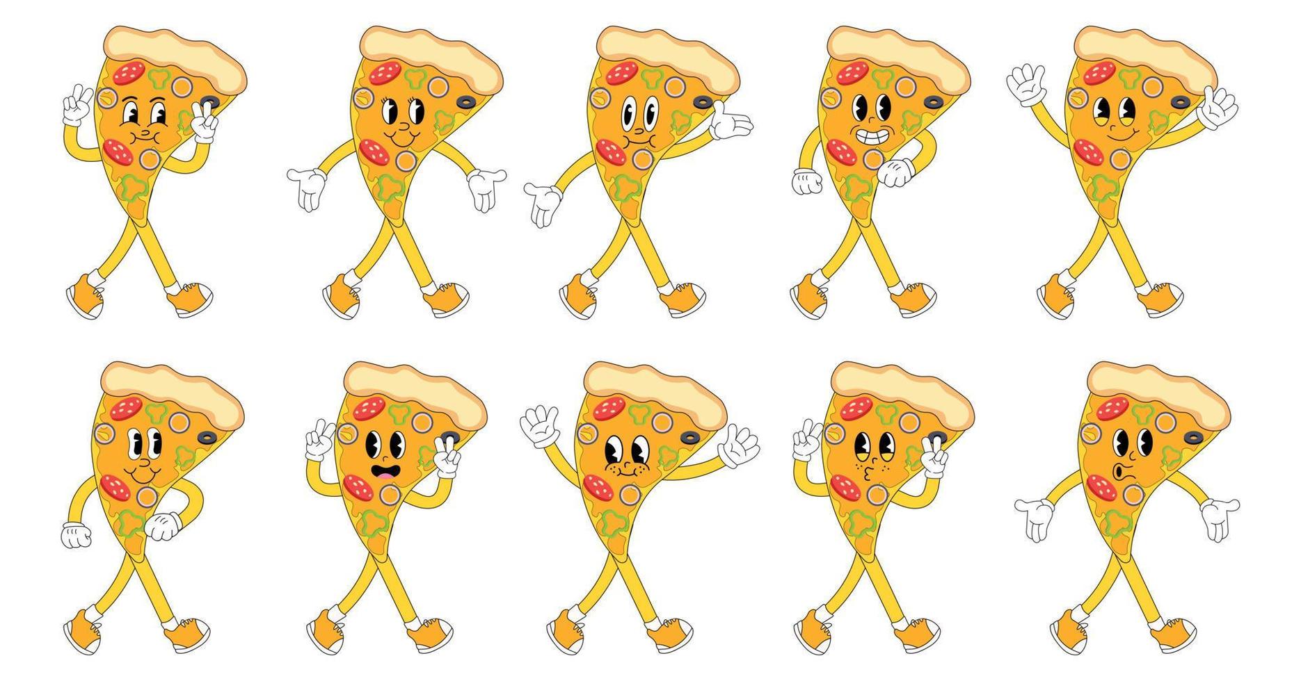 un' impostato di Pizza cartone animato Groovy adesivi con divertente comico personaggi, guantato mani. moderno illustrazione con gambe e braccia. vettore