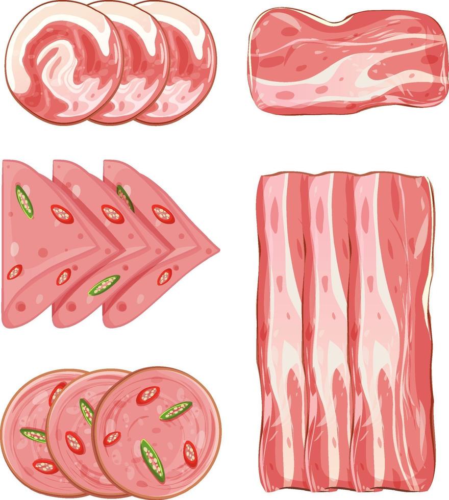 set di prodotti a base di carne di maiale su sfondo bianco vettore