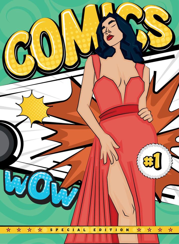 colorato comico copertina pagina con un' femmina modello personaggio vettore