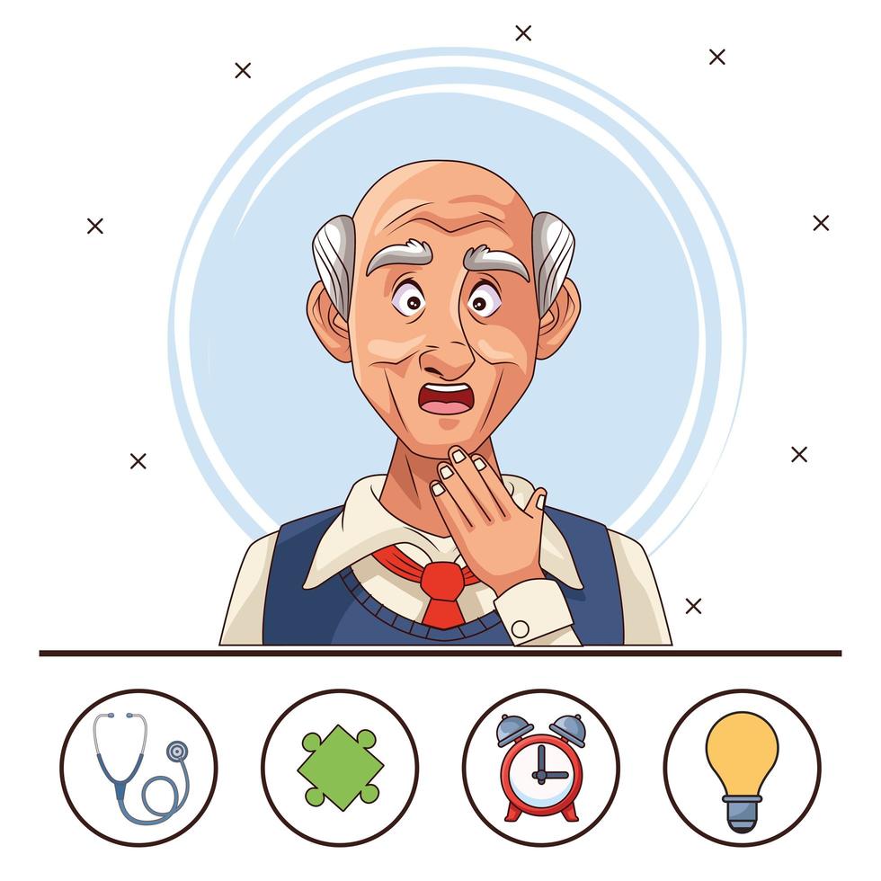 vecchio e paziente con malattia di Alzheimer con icone di salute vettore