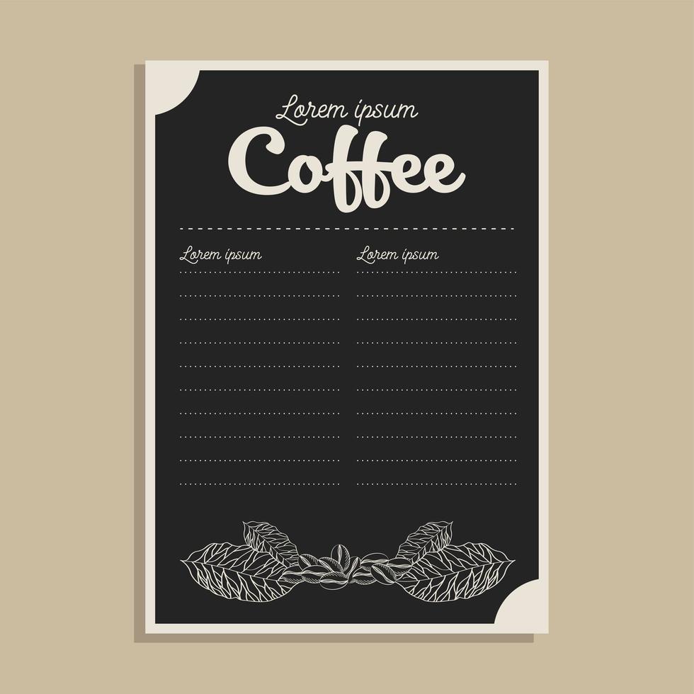 carta del menu del caffè nero con disegno vettoriale di foglie e fagioli