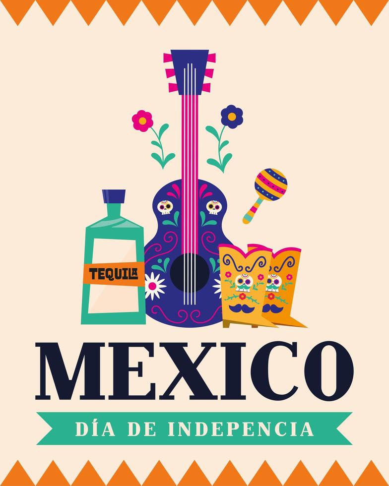 celebrazione del giorno dell'indipendenza del messico con tequila, chitarra e stivali vettore