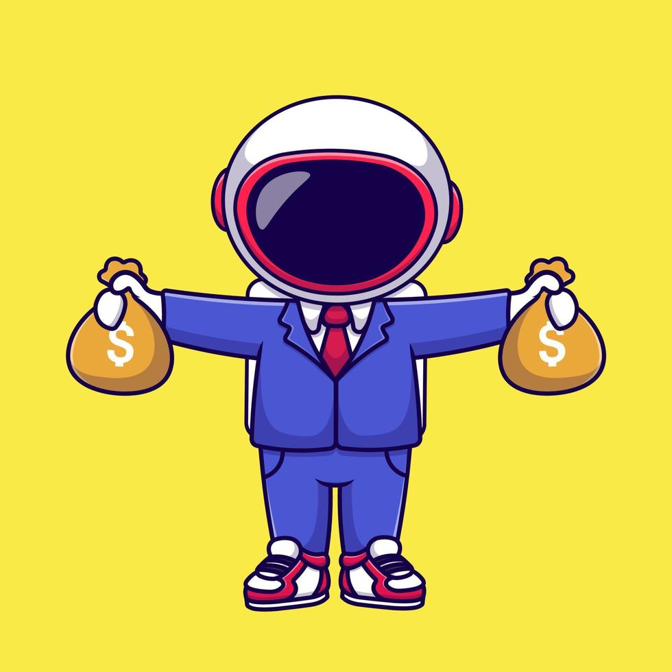 carino astronauta uomo d'affari Tenere i soldi Borsa cartone animato vettore icone illustrazione. piatto cartone animato concetto. adatto per qualunque creativo progetto.
