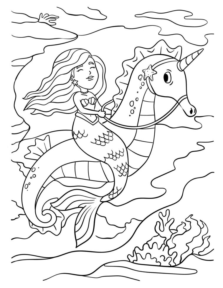 sirena equitazione mare cavallo colorazione pagina per bambini vettore