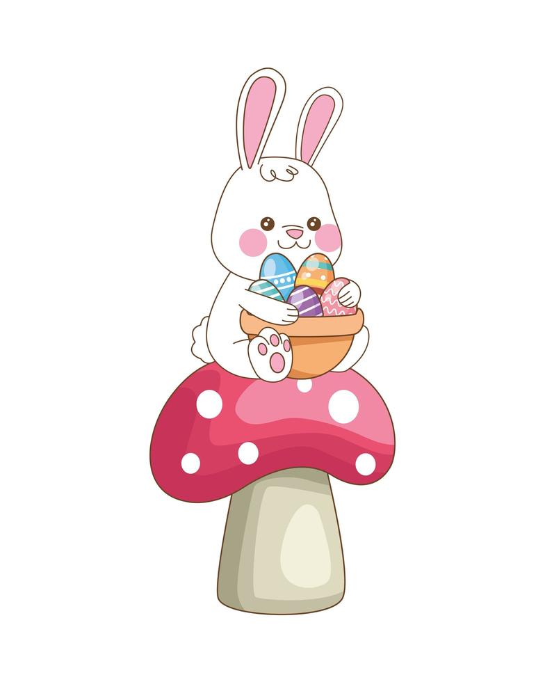 simpatico coniglio con cesto di uova sul personaggio di Pasqua a fungo vettore