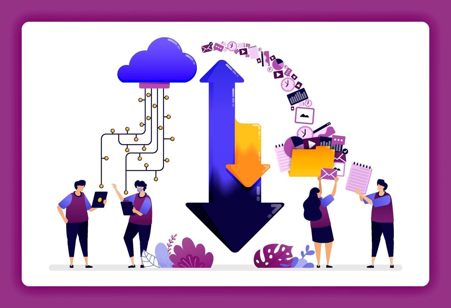 illustrazione del data center cloud. scaricare e caricare il sistema di accesso nel database cloud per utenti, host, server. il design può essere utilizzato per sito Web, web, pagina di destinazione, banner, app mobili, ui ux, poster, flyer vettore