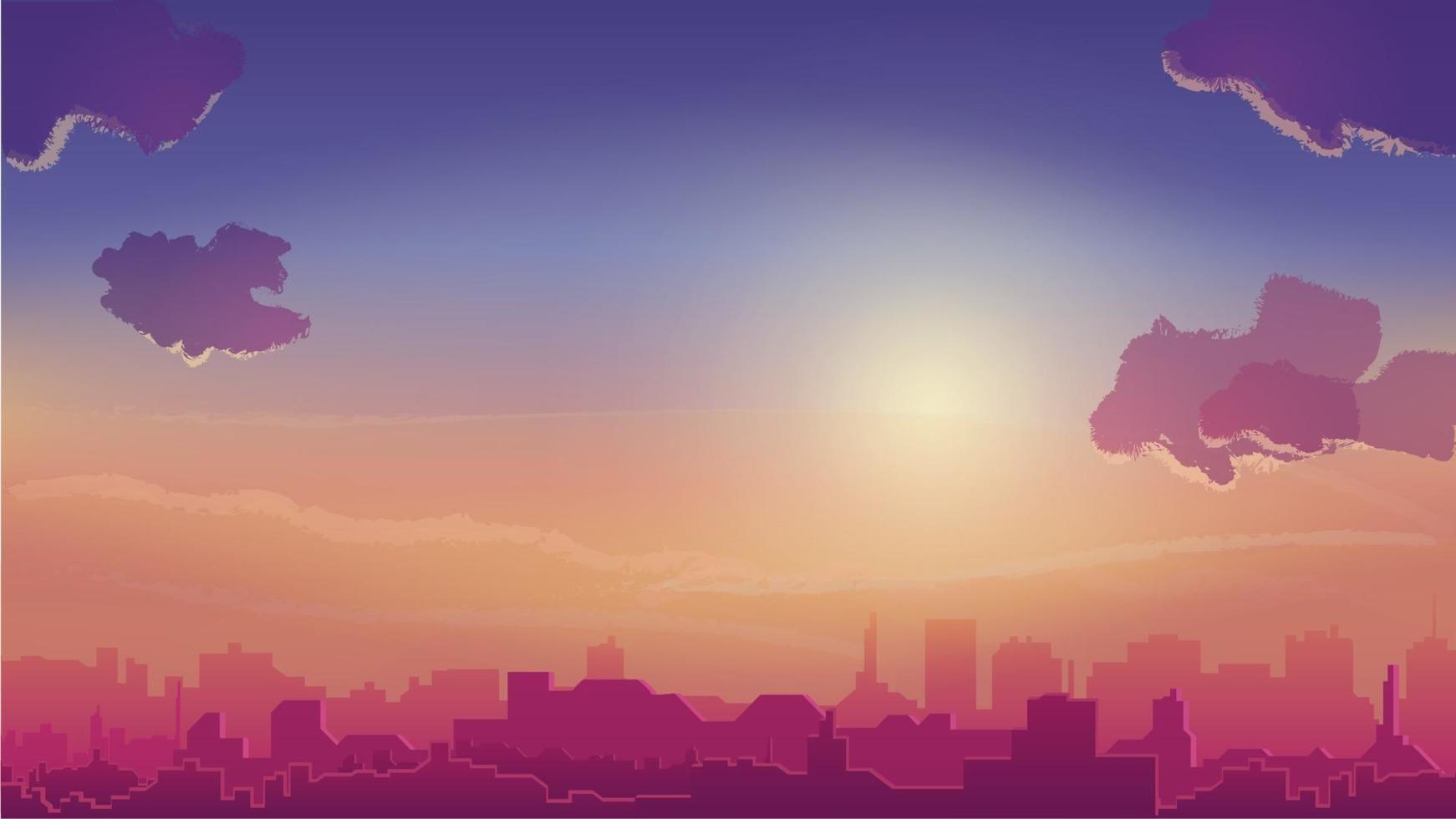 tramonto arancione e città all'orizzonte, paesaggio urbano in stile cartone animato vettore