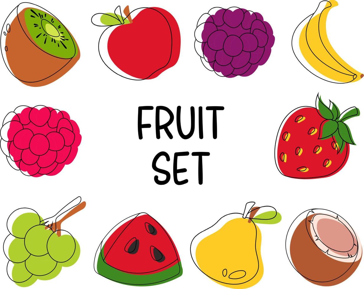 impostato di disegnato frutta, schema e dipingere. mela, Pera, uva, lampone, mora, kiwi, noce di cocco, Banana, fragola, prugna vettore