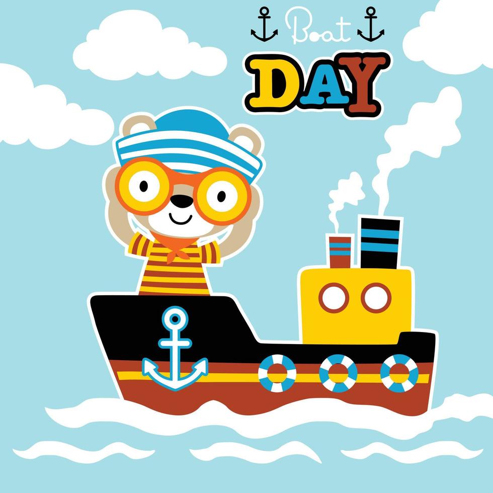 carino orso nel marinaio costume con binoculare su nave, vettore cartone animato illustrazione