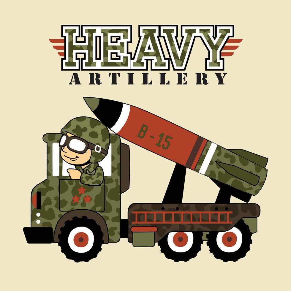 un' soldato guida missile launcher camion, vettore cartone animato illustrazione