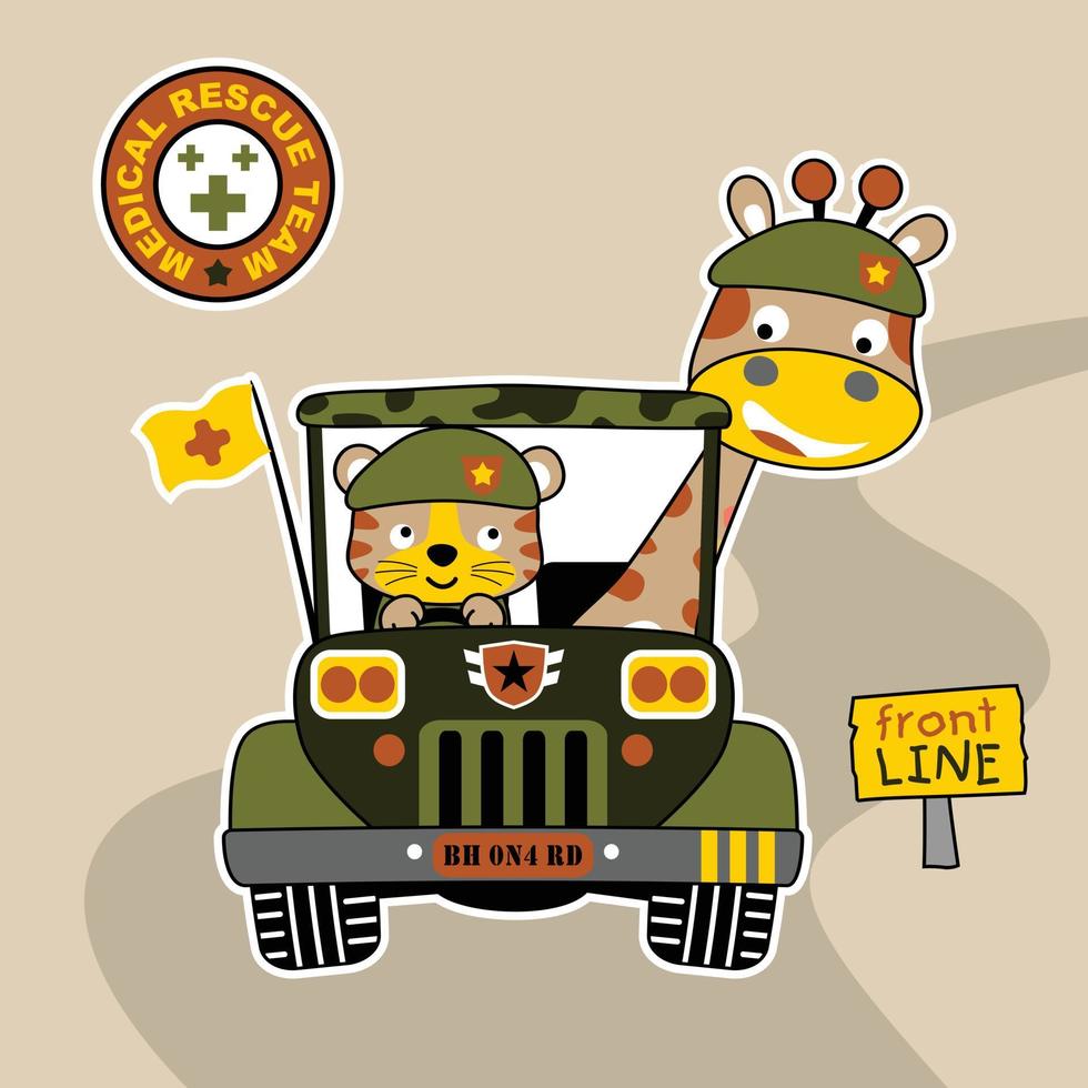 carino giraffa e tigre indossare soldati berretto su militare macchina, vettore cartone animato illustrazione