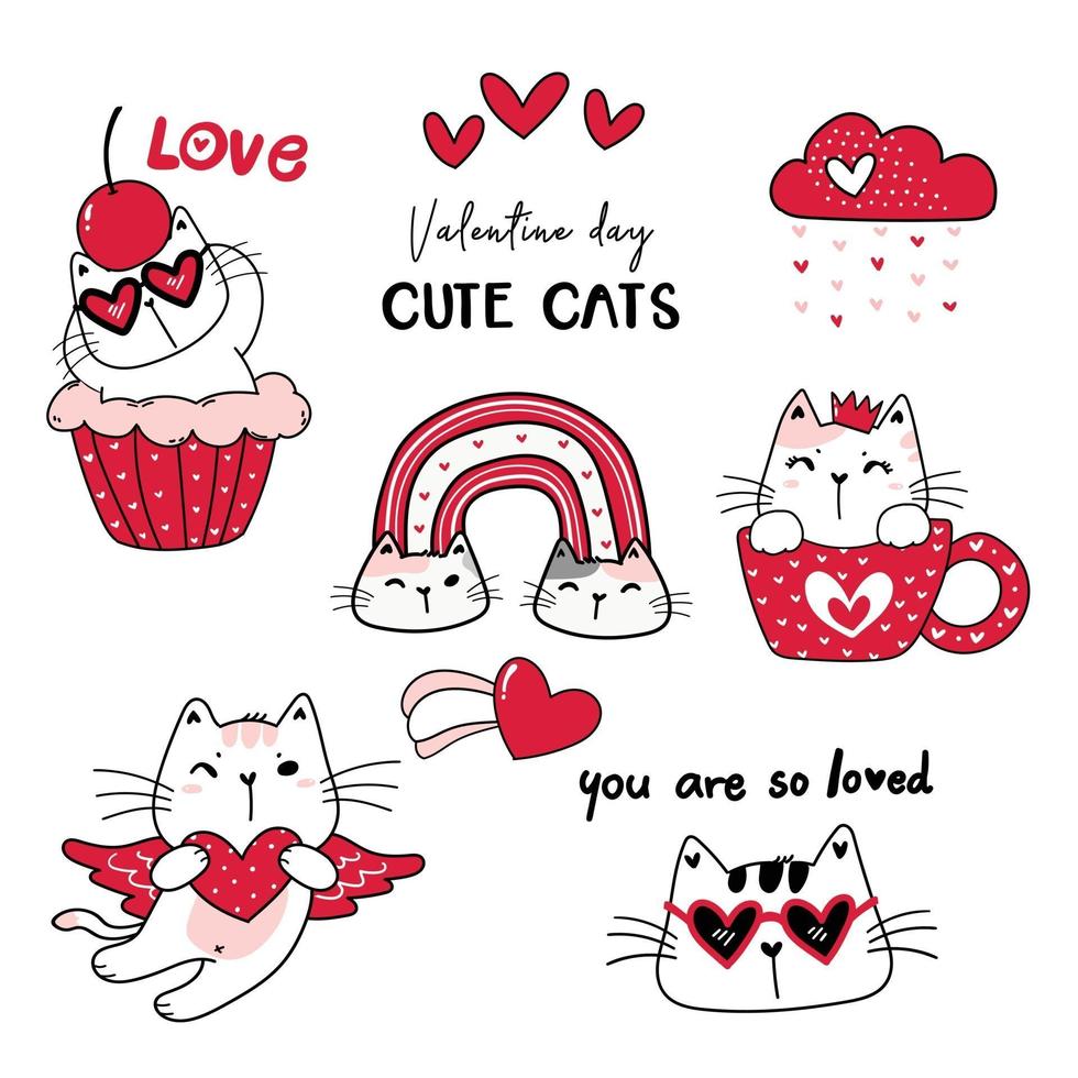 simpatico gatto rosso san valentino raccolta vettore cartone animato, set clipart San Valentino, disegno gatto scarabocchio in rosso