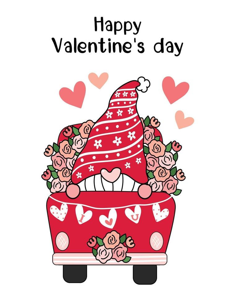 gnomo di San Valentino in camion fiore rosso con cuore ti amo bandiera, idea di clipart vettoriali piatto simpatico cartone animato per carta di San Valentino, roba stampabile