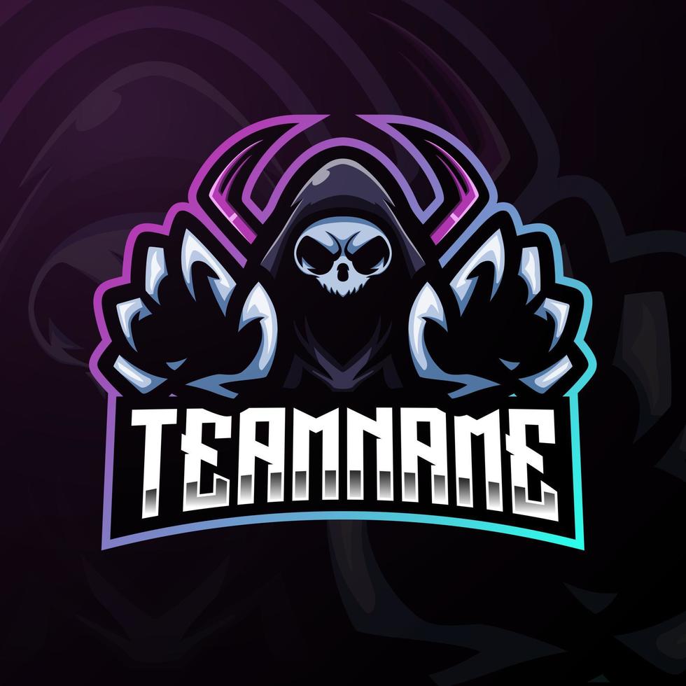 disegno del logo esport della mascotte del cranio del mietitore vettore