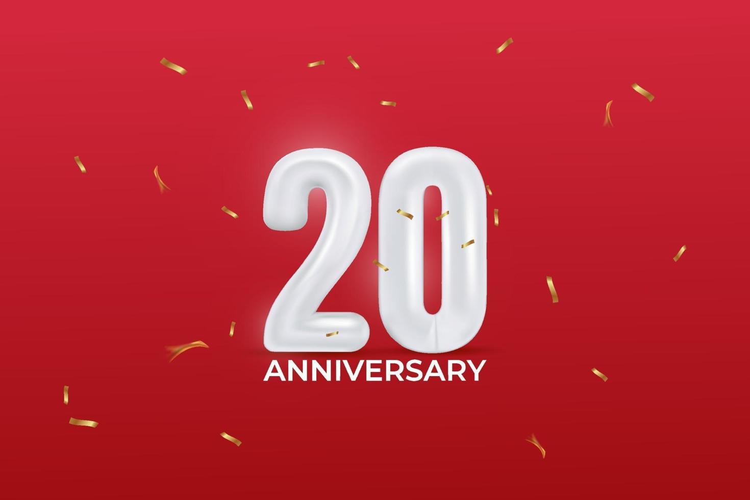 Celebrazione del 20 ° anniversario. illustrazione vettoriale con numero di palloncino, coriandoli scintillanti su sfondo rosso.