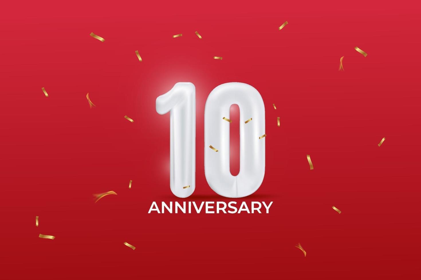 10 ° anniversario. illustrazione vettoriale con numero di palloncino, coriandoli scintillanti su sfondo rosso.