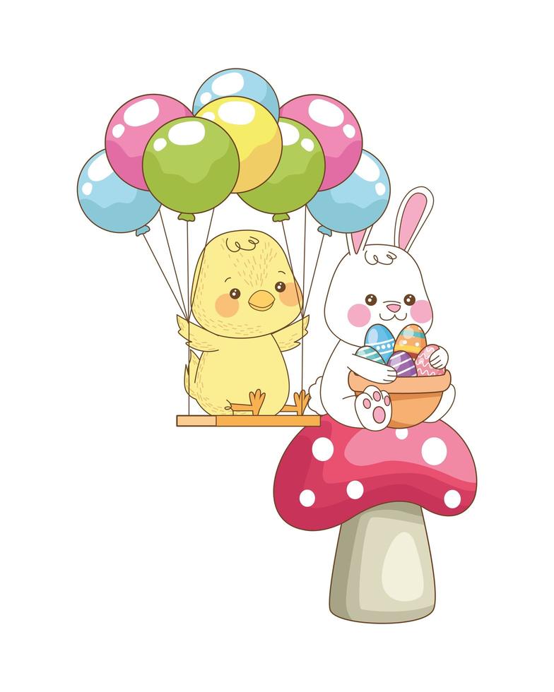 piccolo coniglio e pulcino con palloncini di elio, personaggi pasquali vettore