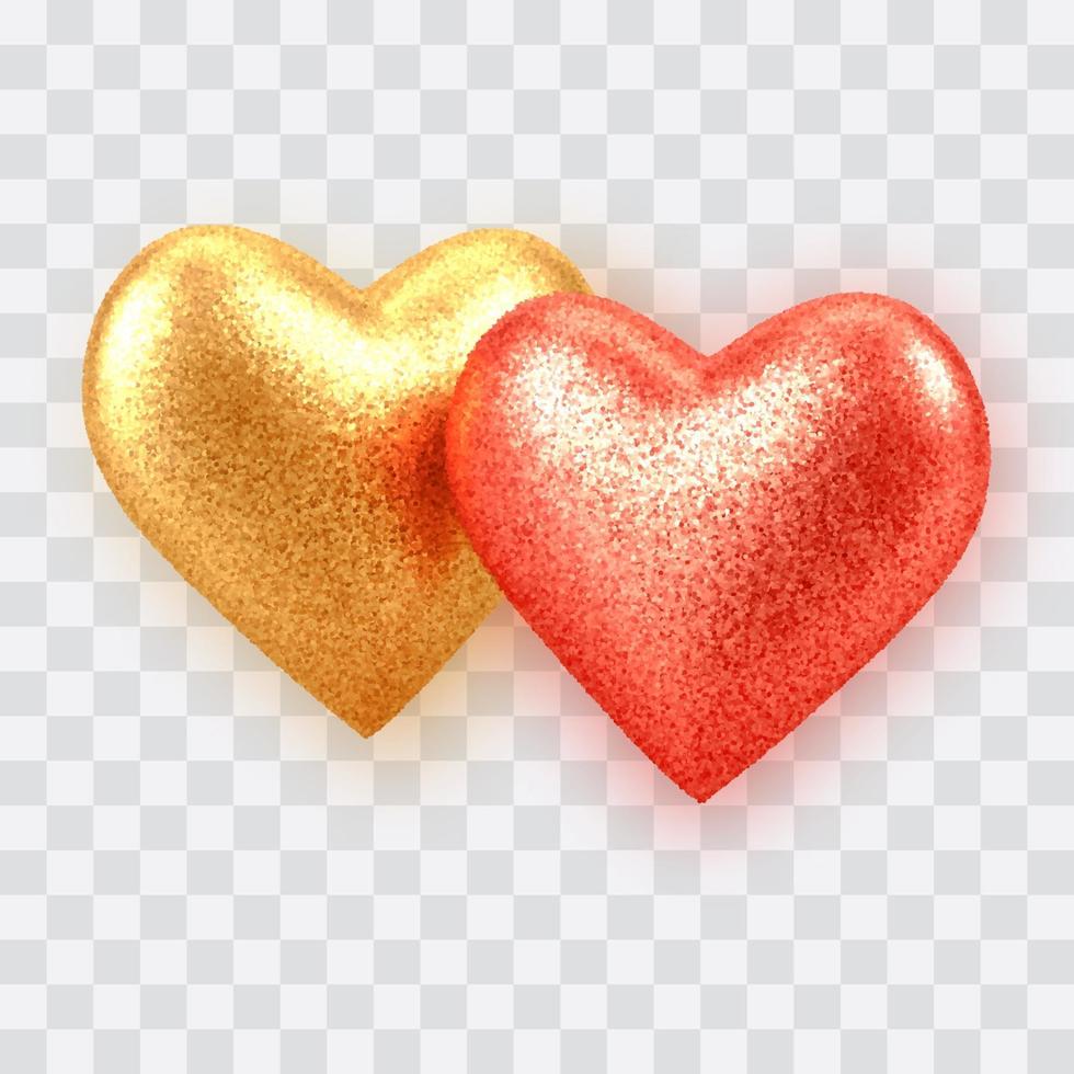 astratto 3d realistici cuori di palloncino oro e rosso con texture glitter vettore