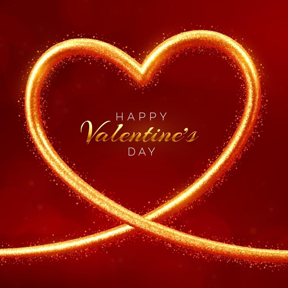 felice giorno di San Valentino banner. Cornice dorata a forma di cuore brillante realistico 3D con texture glitterata. carta da parati, flyer, poster, brochure, biglietto di auguri. vettore