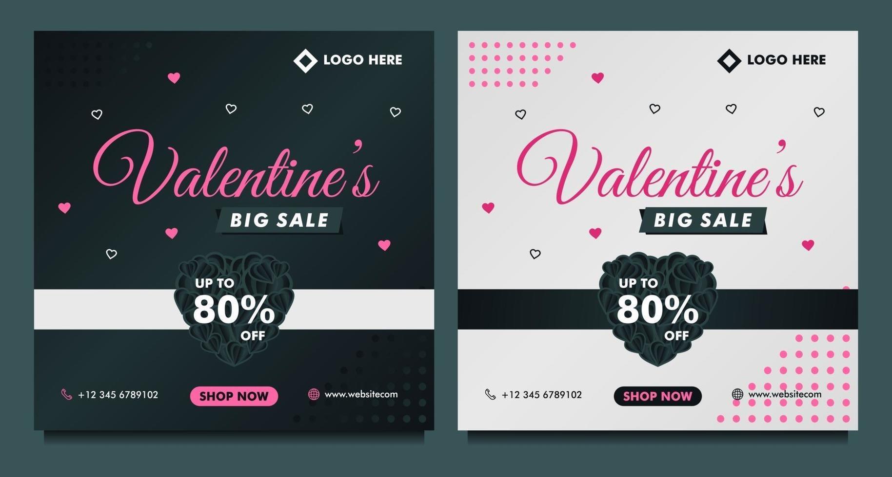 felice banner di vendita di san valentino, modello di post sui social media con sfondo scuro e grigio vettore