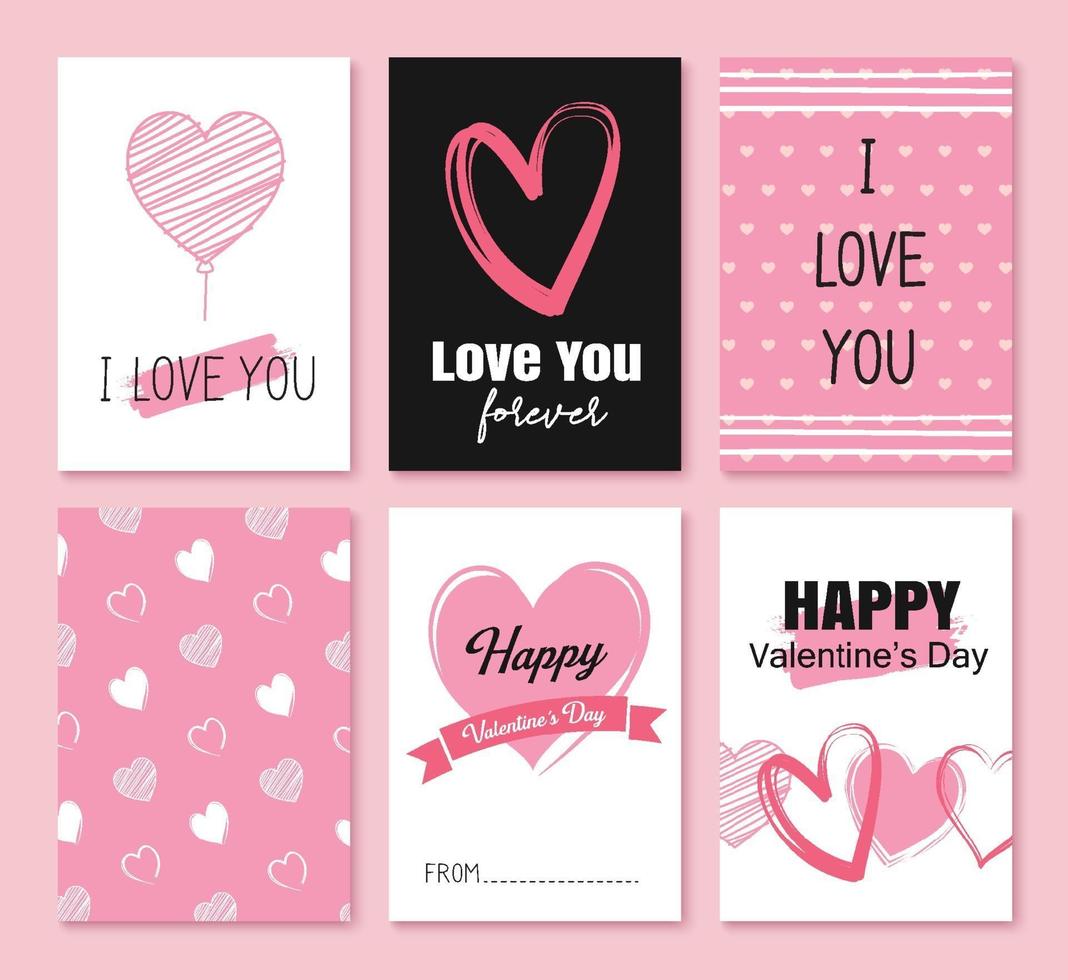 biglietti di auguri di San Valentino con cuori e decorazioni di simboli per invito, flyer, poster, tag, banner. vettore