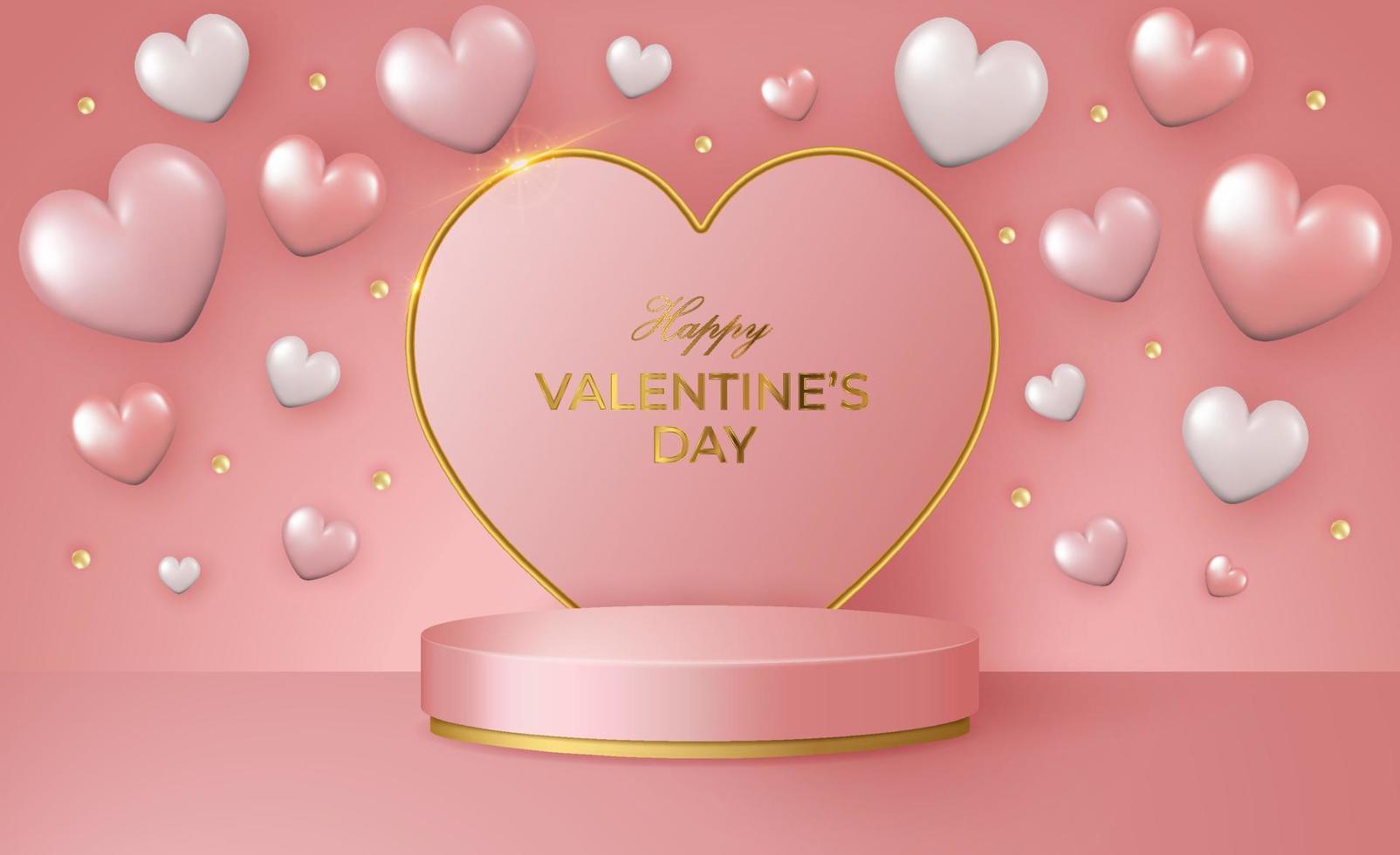 contento San Valentino giorno 3d scena con rosa e oro podio piattaforma, cuore e coriandoli. vettore