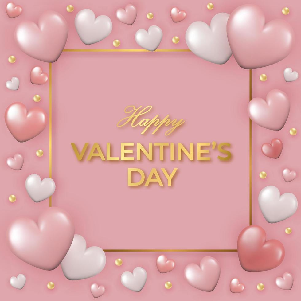 contento San Valentino giorno saluto carta. bellissimo oro telaio con 3d brillante cuori su rosa sfondo. vettore