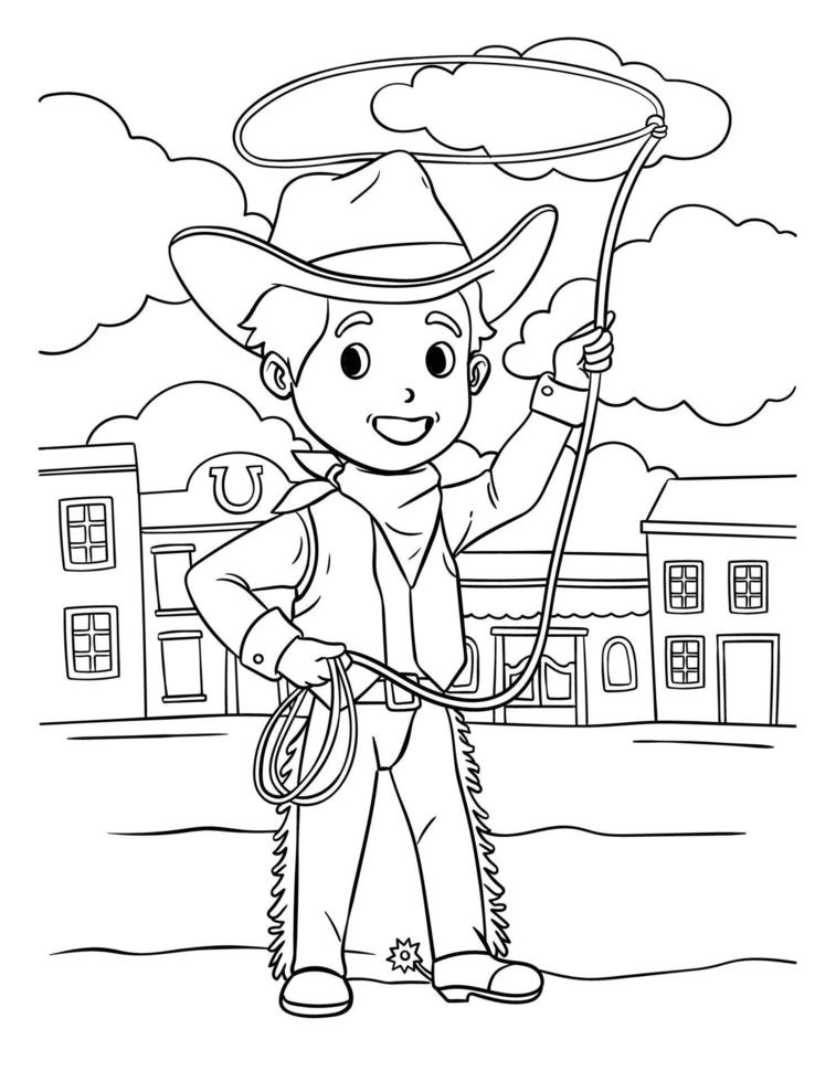 cowboy con corda colorazione pagina per bambini vettore