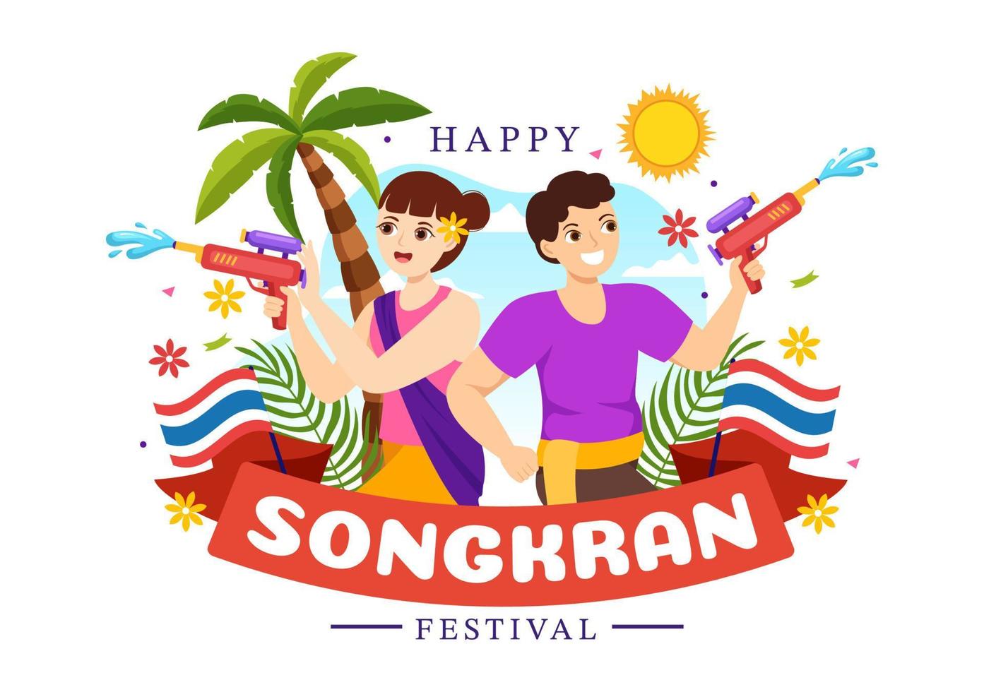 contento Songkran Festival giorno illustrazione con giocando acqua pistola nel Tailandia celebrazione nel piatto cartone animato mano disegnato per atterraggio pagina modelli vettore