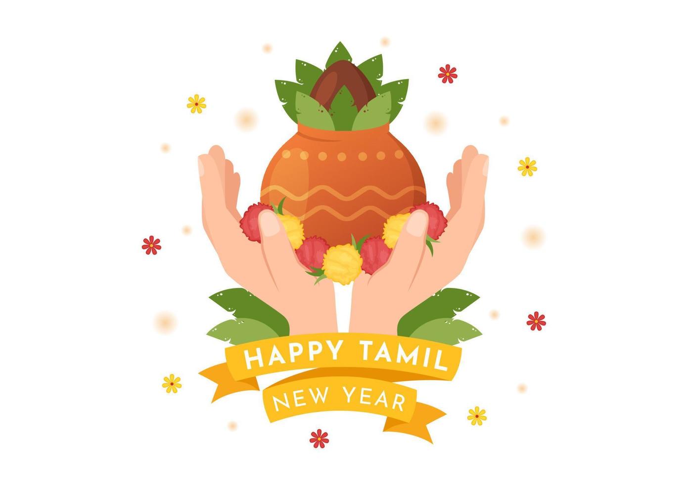 contento tamil nuovo anno illustrazione con vishu fiori, pentole e indiano indù Festival nel piatto cartone animato mano disegnato per atterraggio pagina modelli vettore