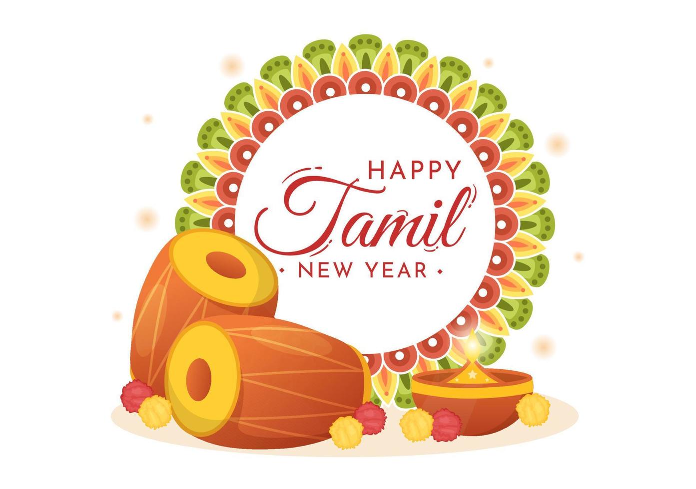contento tamil nuovo anno illustrazione con vishu fiori, pentole e indiano indù Festival nel piatto cartone animato mano disegnato per atterraggio pagina modelli vettore