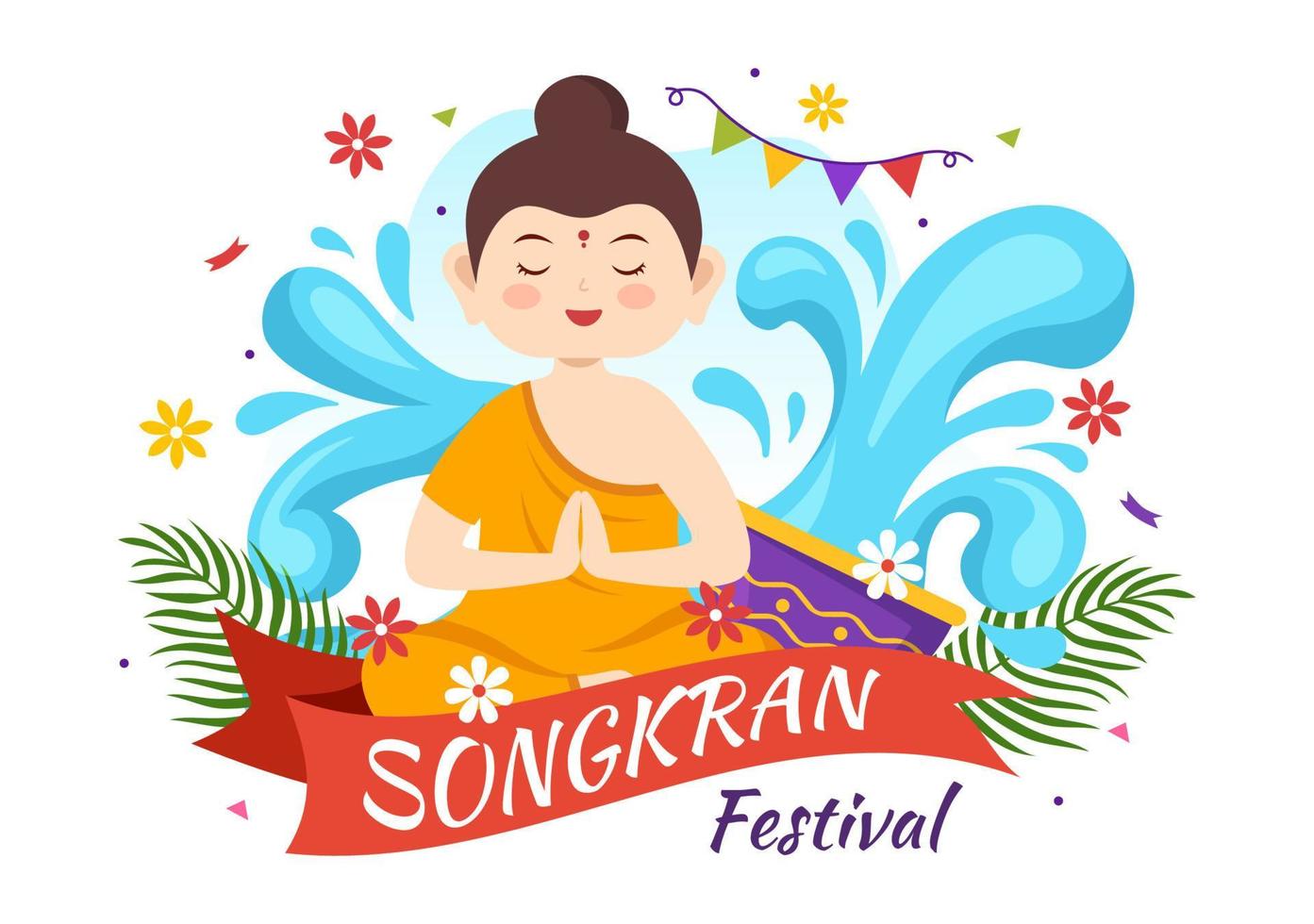 contento Songkran Festival giorno illustrazione con giocando acqua pistola nel Tailandia celebrazione nel piatto cartone animato mano disegnato per atterraggio pagina modelli vettore