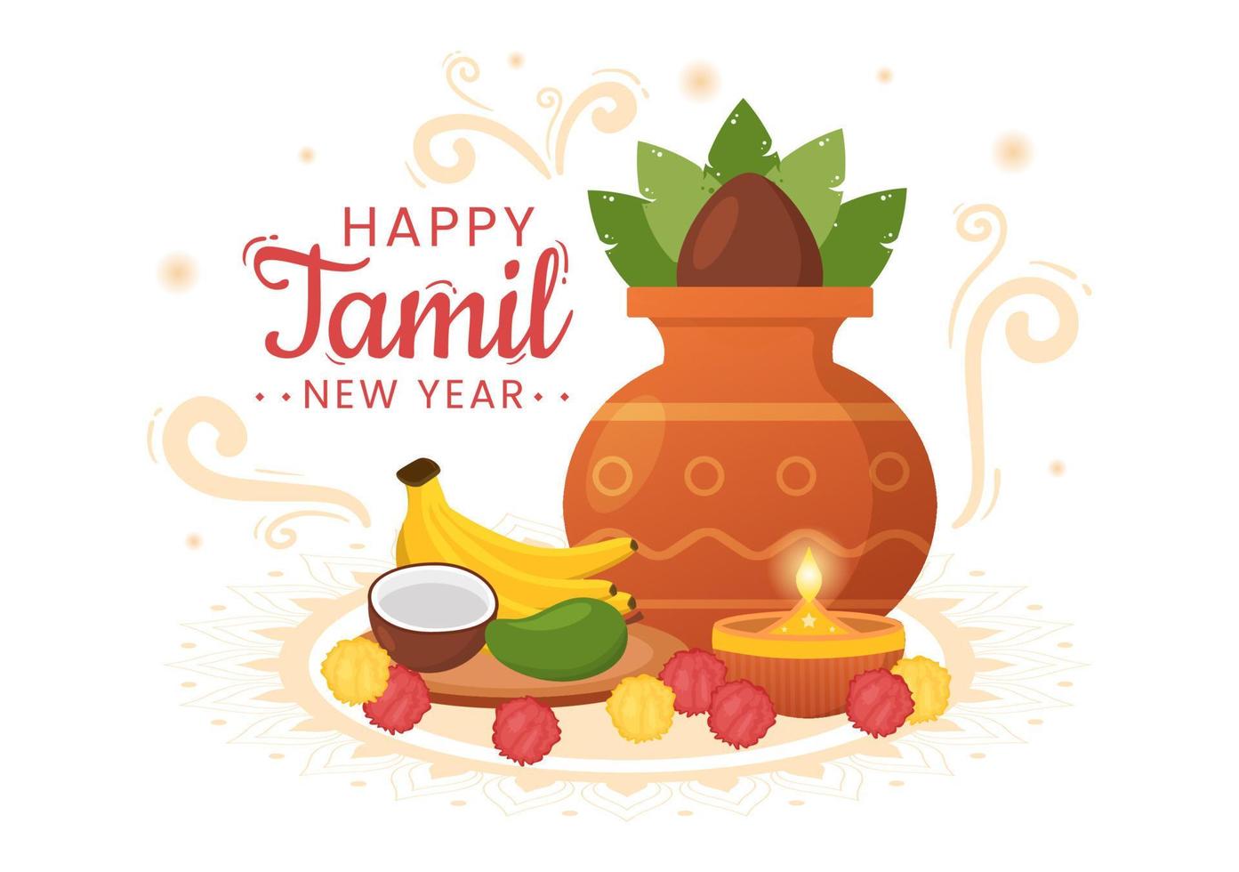 contento tamil nuovo anno illustrazione con vishu fiori, pentole e indiano indù Festival nel piatto cartone animato mano disegnato per atterraggio pagina modelli vettore