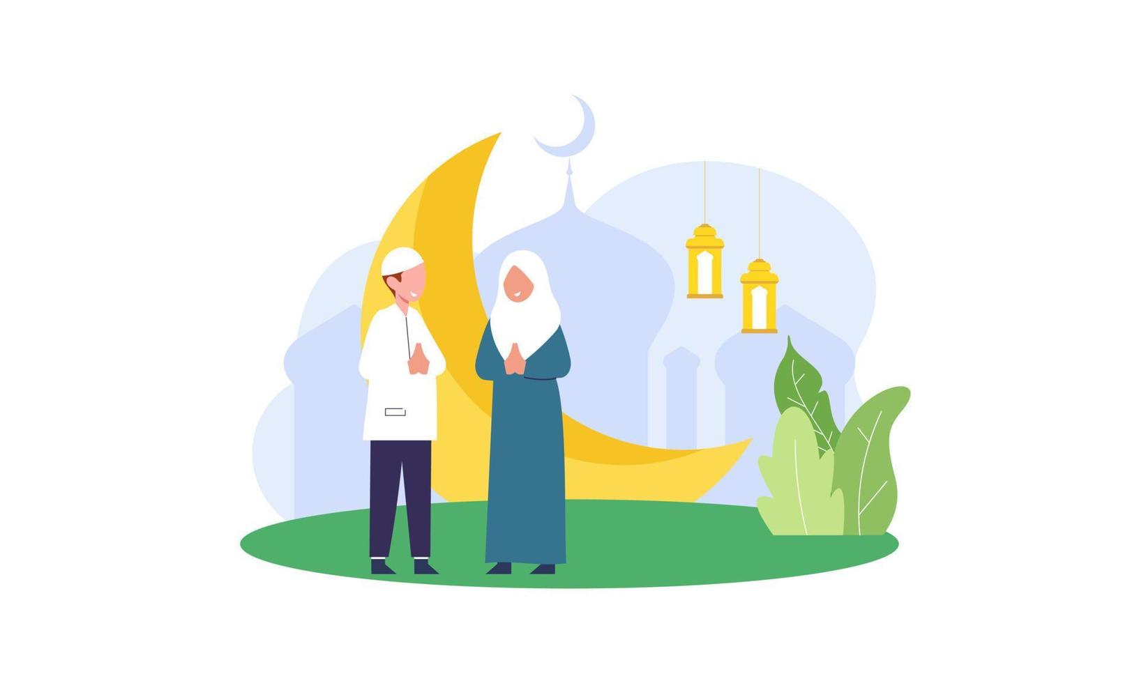 felice eid mubarak, concetto di saluto del ramadan mubarak con l'illustrazione del carattere della gente vettore