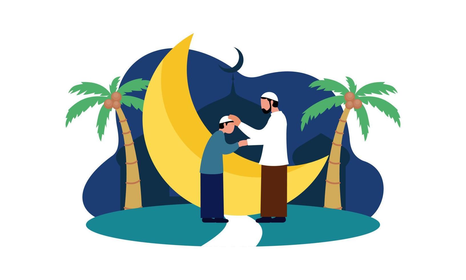 felice eid mubarak, concetto di saluto del ramadan mubarak con l'illustrazione del carattere della gente vettore