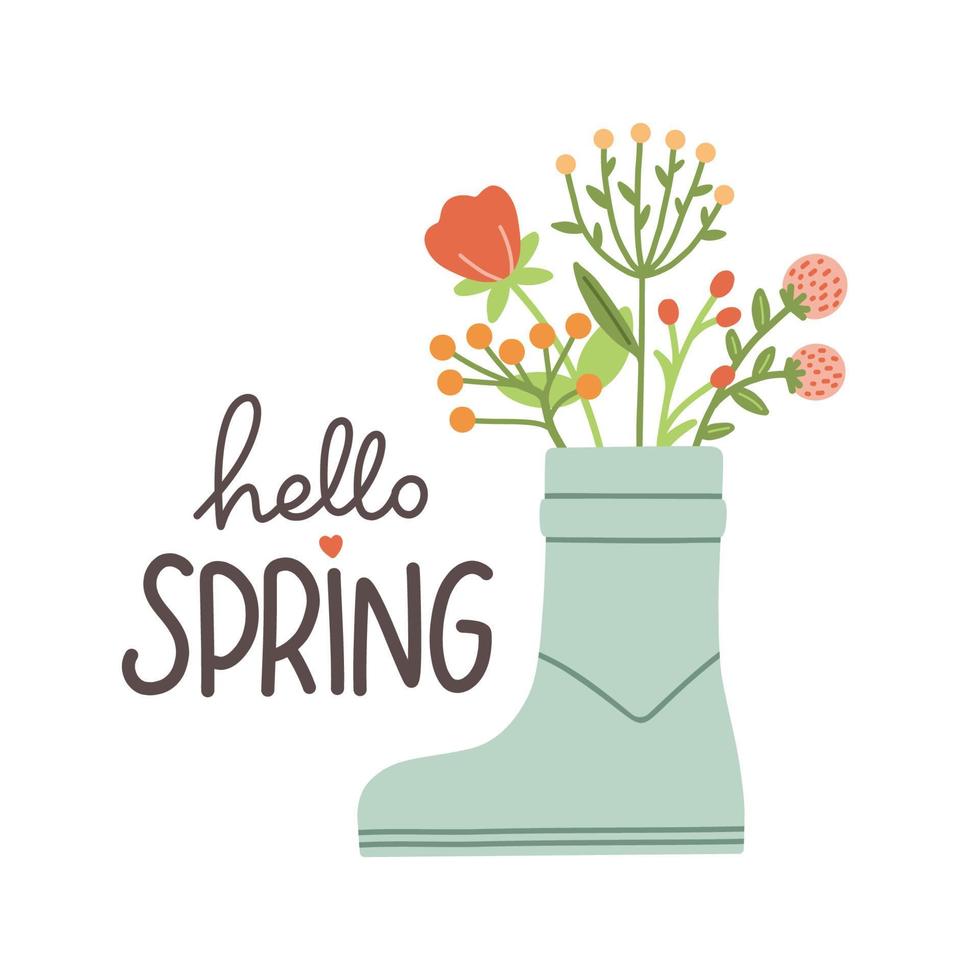 Ciao primavera. carino pioggia stivali con fiori impianti. mano disegnato primavera Stampa, carta, manifesto. mano scritto testo, lettering vettore