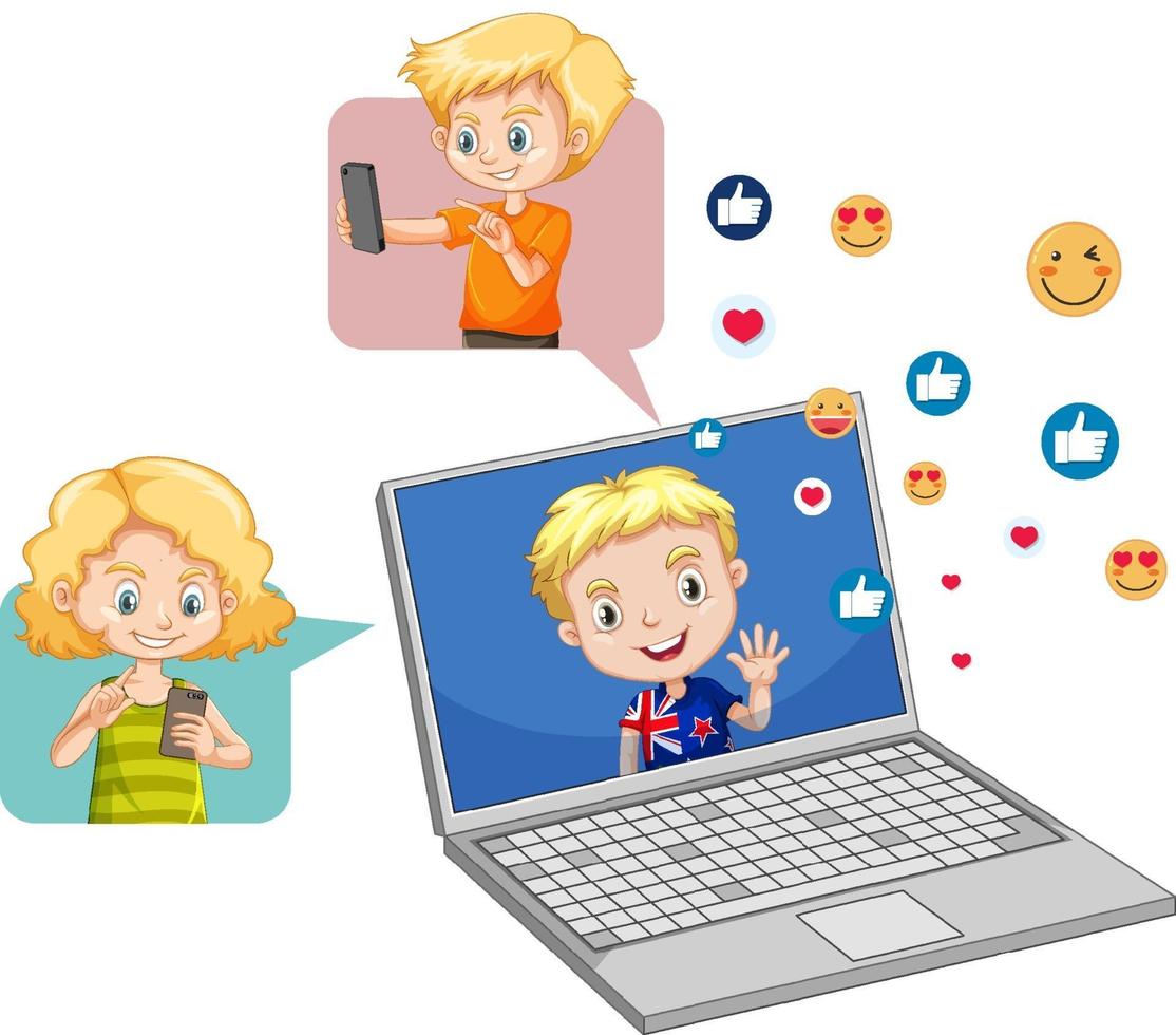 bambini con elementi di social media su sfondo bianco vettore