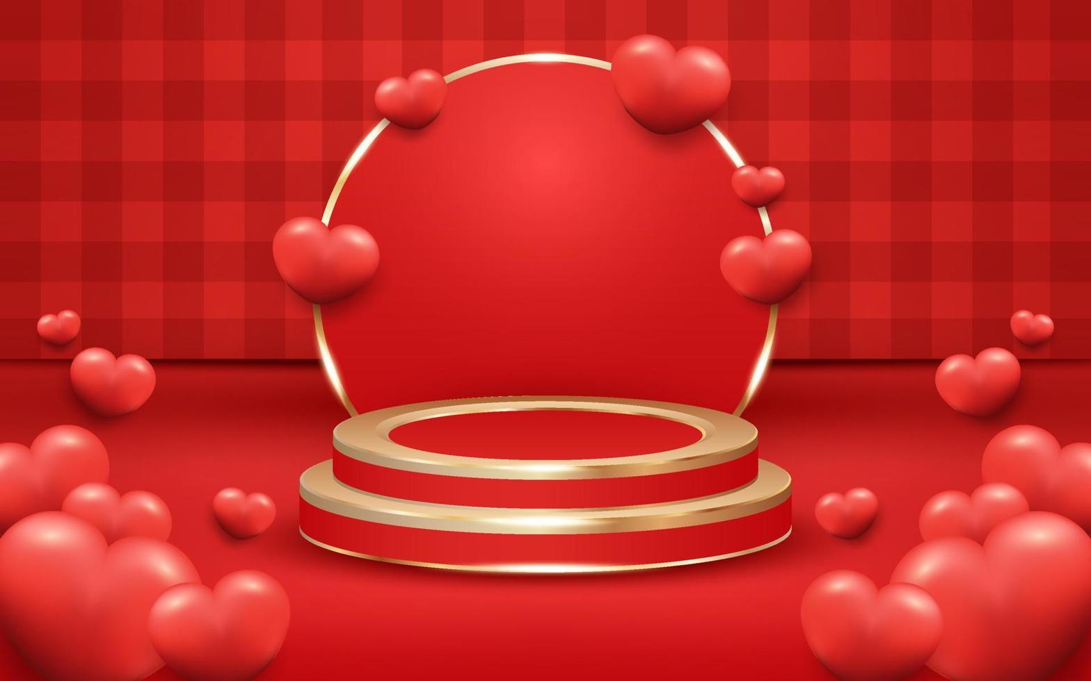 rosso scacchi San Valentino giorno sfondo con podio e d'oro leggero vettore