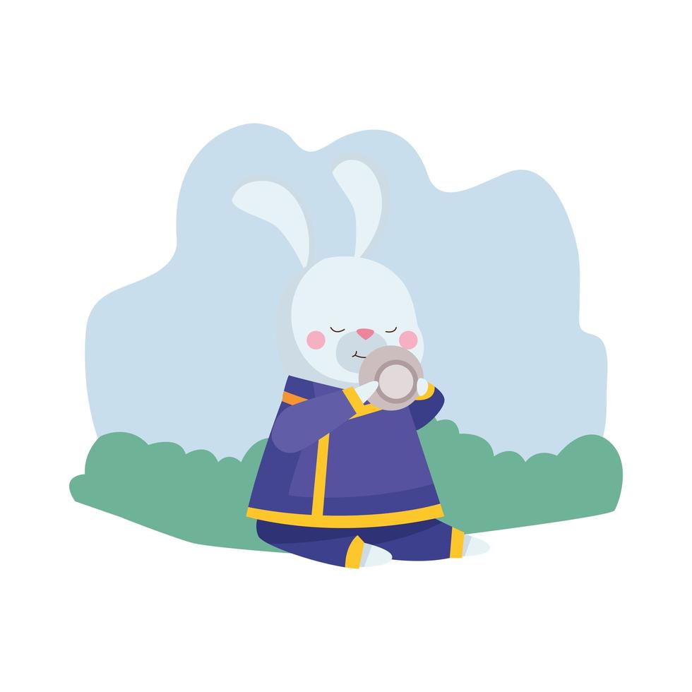 cartone animato coniglio con abiti tradizionali e disegno vettoriale tazza da tè