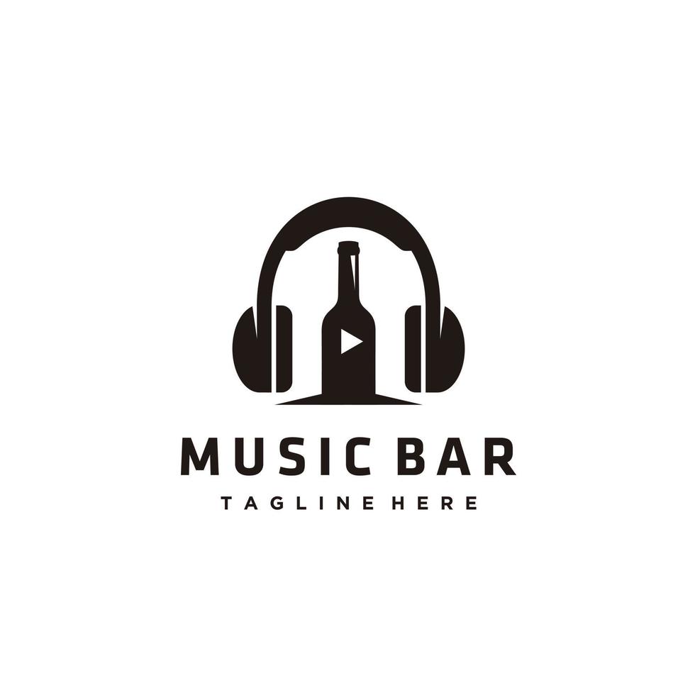 musica bar logo design combinazione cuffie e bottiglia vettore