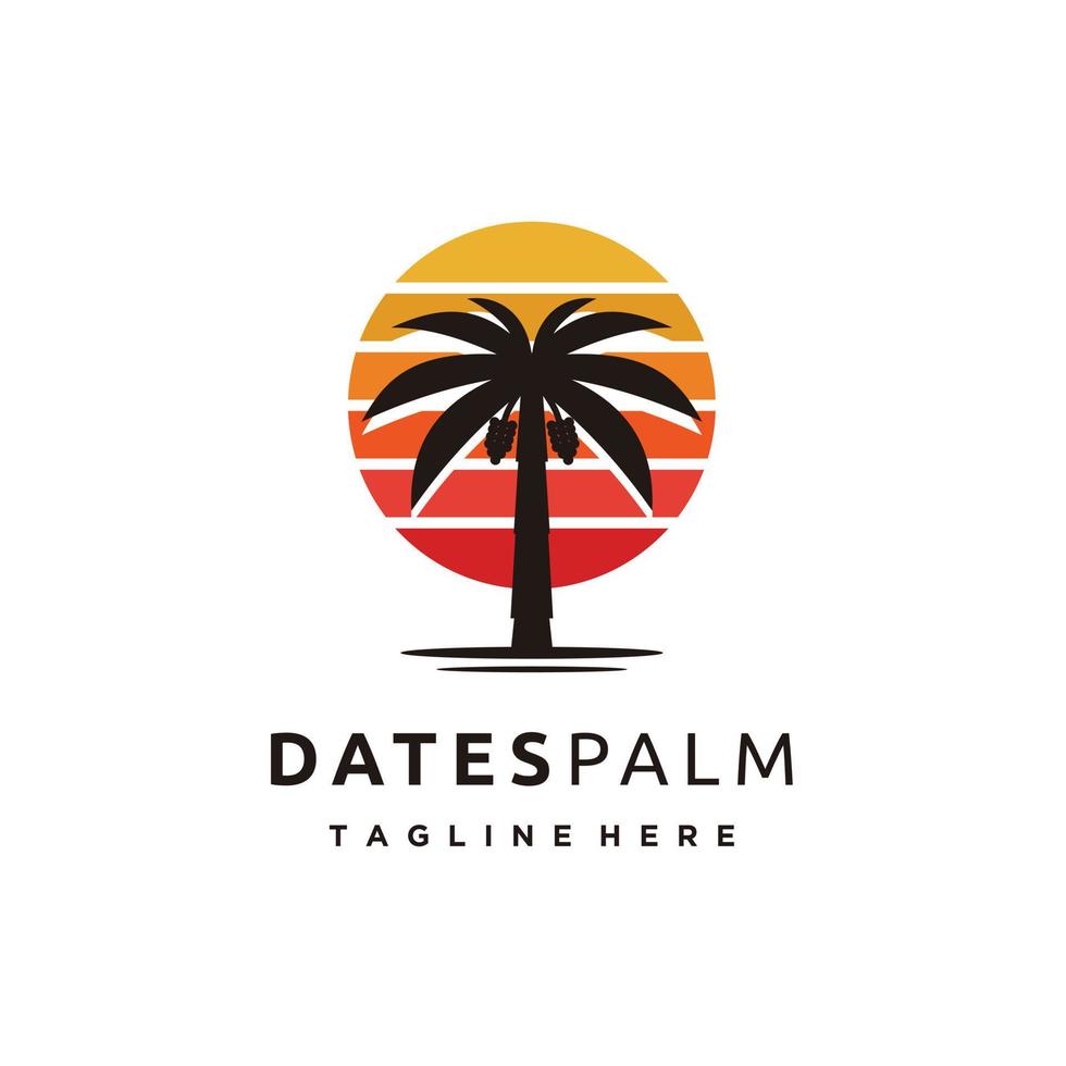 Data palma silhouette e tramonto logo design modello vettore