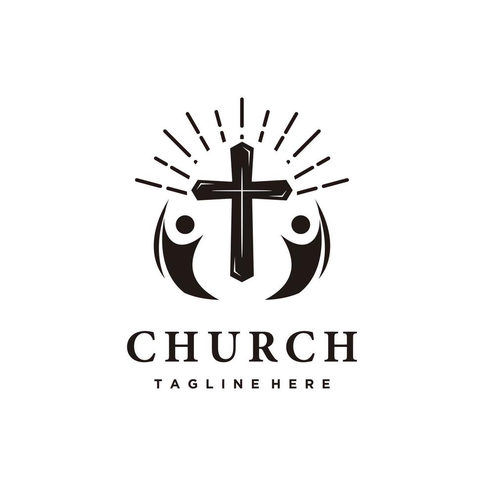 Chiesa cristiano croce, raggiera e persone logo design icona vettore