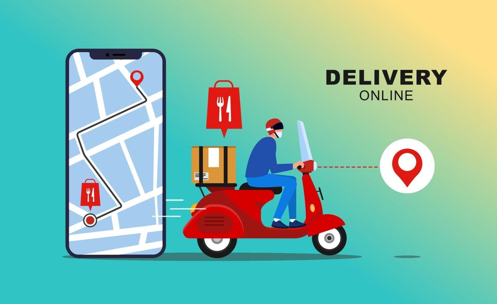consegna online con applicazione mobile. pacchetto di consegna veloce tramite corriere sul cellulare. monitoraggio del cibo del corriere tramite l'applicazione della mappa. vettore